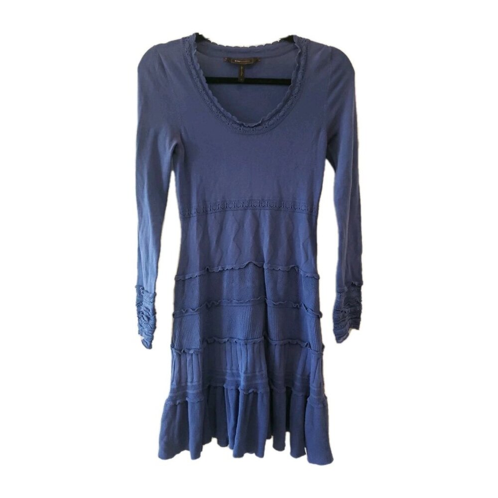 BCBGMaxAzria Dress Blue Tiered Long Sleeve Knee Length Knit M Silk Cotton Blend